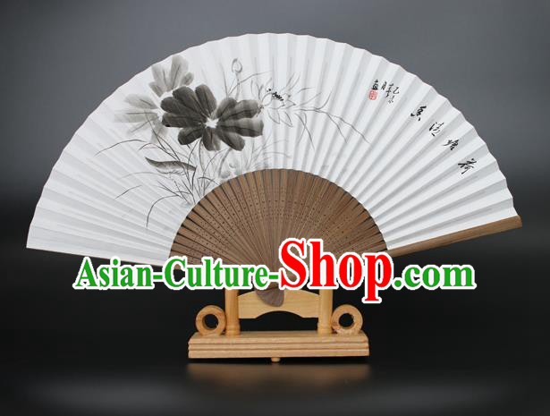 Chinese Traditional Artware Handmade Folding Fans Ink Painting Lotus Paper Fans