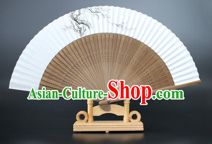 Chinese Traditional Artware Handmade Sandalwood Folding Fans Ink Painting Plum Blossom Paper Fans