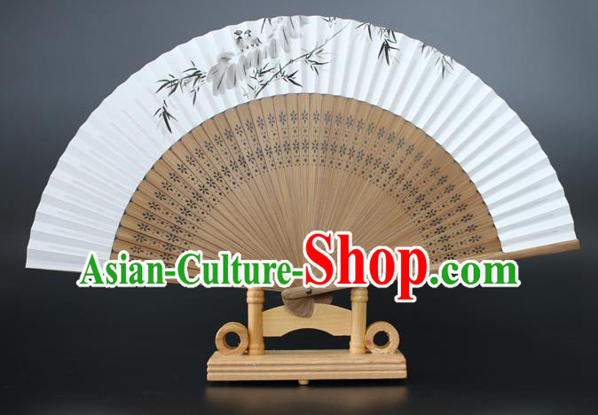 Chinese Traditional Artware Handmade Sandalwood Folding Fans Ink Painting Bamboo Leaf Paper Fans