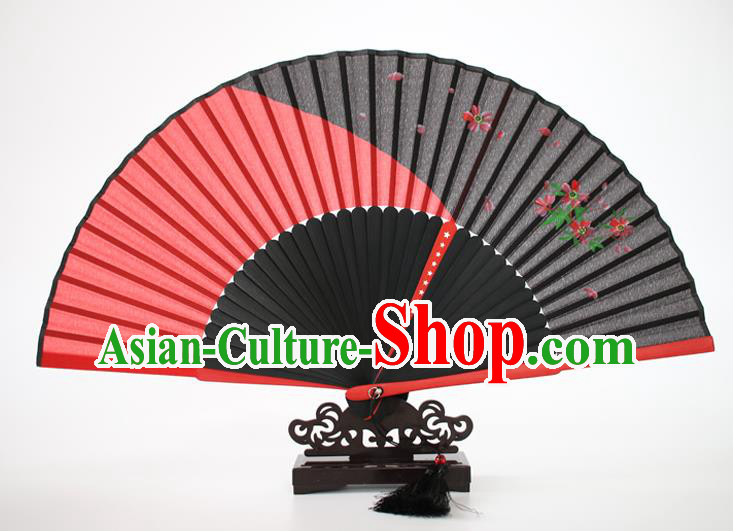 Chinese Traditional Artware Handmade Folding Fans Red Silk Fans Printing Flowers Accordion