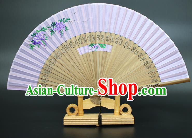 Chinese Traditional Artware Handmade Folding Fans Printing Wisteria Purple Silk Fans Accordion