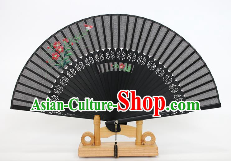Chinese Traditional Artware Handmade Folding Fans Printing Flowers Black Silk Fans Accordion