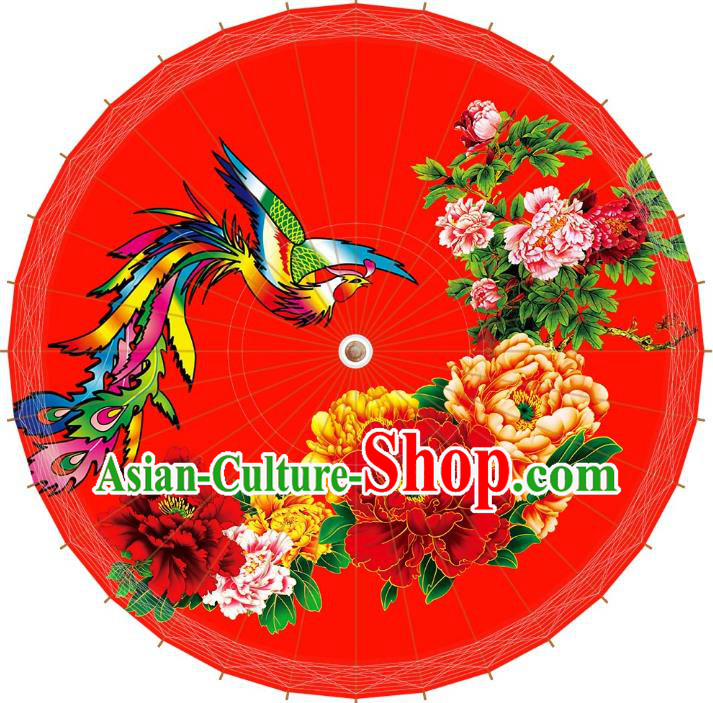 Chinese Traditional Artware Red Paper Umbrellas Printing Phoenix Peony Oil-paper Umbrella Handmade Umbrella