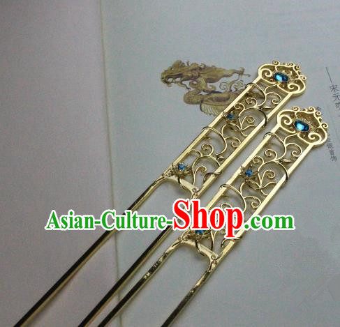 Chinese Handmade Classical Hair Accessories Hairpin Blue Crystal Golden Hair Stick Hanfu Hairpins for Women