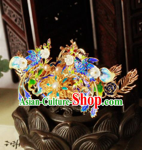 Chinese Handmade Classical Hair Accessories Hairpin Hair Stick Hanfu Blueing Phoenix Coronet for Women