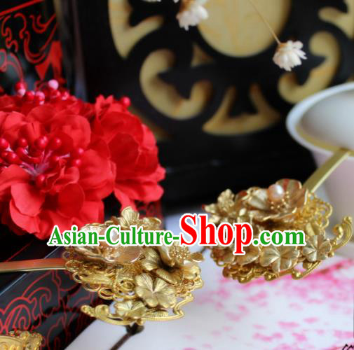 Chinese Handmade Classical Hair Accessories Wedding Pearls Hairpins Hanfu Golden Flower Hairpin for Women