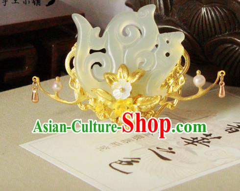 Chinese Handmade Classical Hair Accessories Wedding Hairpins Hanfu Jade Phoenix Coronet Hair Clip for Women