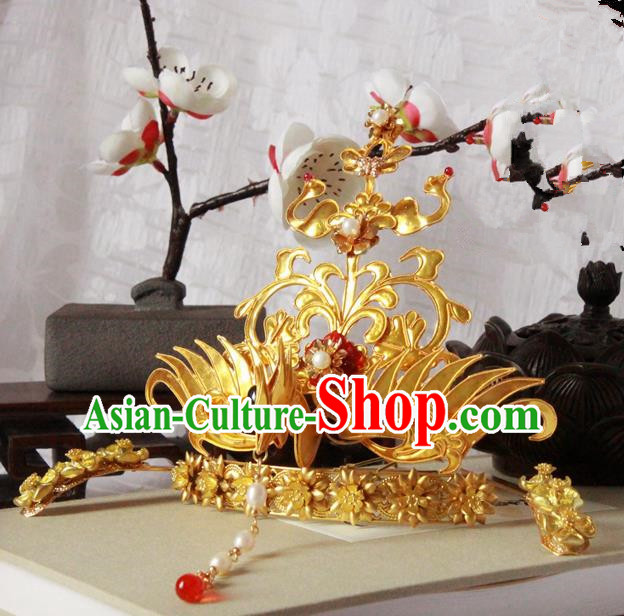 Chinese Handmade Classical Hair Accessories Wedding Hairpins Hanfu Golden Phoenix Coronet for Women
