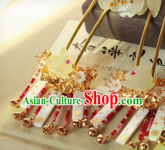 Chinese Handmade Classical Hair Accessories Wedding Jade Rabbit Hairpins Hanfu Tassel Step Shake for Women