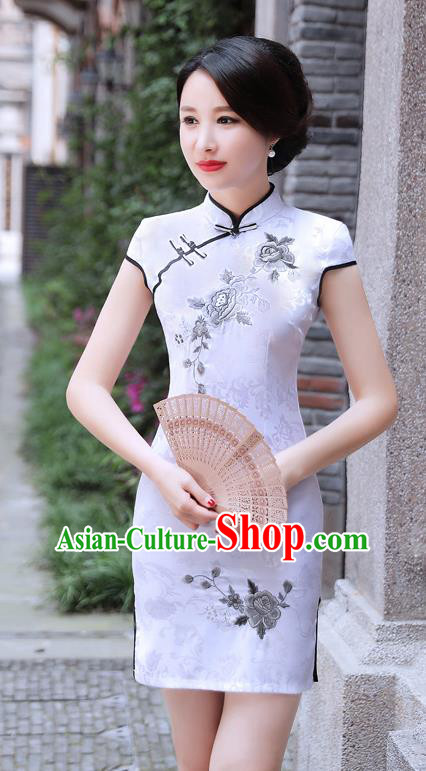 Chinese Traditional Mandarin Qipao Dress National Costume Printing Peony White Cheongsam for Women