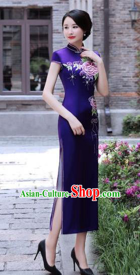 Chinese Traditional Mandarin Silk Qipao Dress National Costume Printing Peony Purple Long Cheongsam for Women