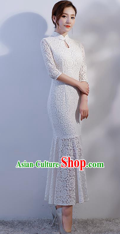 Chinese Traditional White Lace Mandarin Qipao Dress National Costume Fishtail Cheongsam for Women