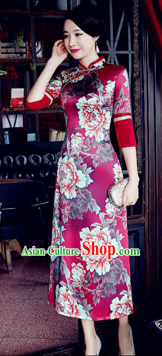 Chinese Traditional Mandarin Qipao Dress National Costume Printing Peony Wine Red Cheongsam for Women