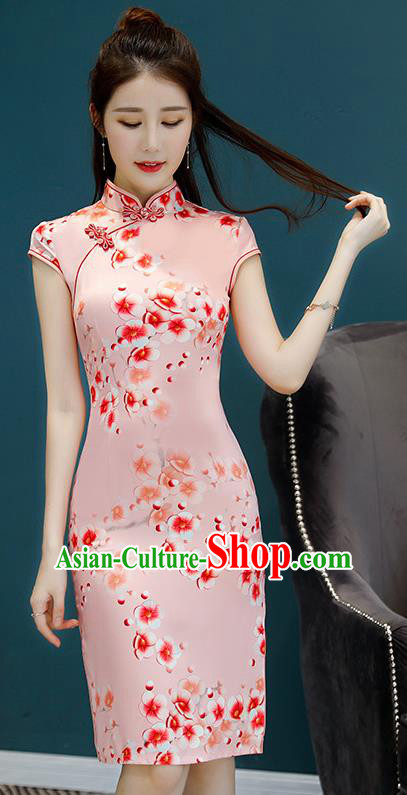 Chinese Traditional Mandarin Qipao Dress National Costume Printing Flowers Pink Cheongsam for Women