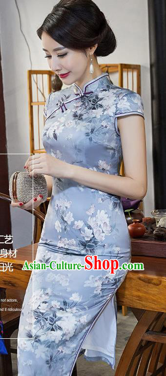 Chinese Traditional Silk Mandarin Qipao Dress National Costume Printing Peony Blue Short Cheongsam for Women