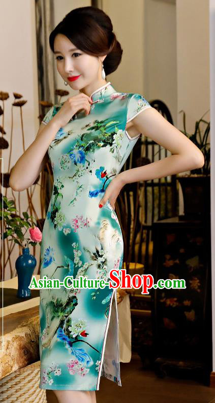 Chinese Traditional Silk Mandarin Qipao Dress National Costume Printing Green Short Cheongsam for Women