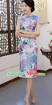 Chinese Traditional Blue Silk Mandarin Qipao Dress National Costume Printing Flowers Short Cheongsam for Women