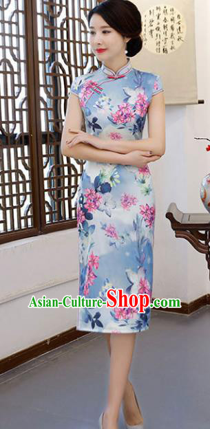Chinese Traditional Blue Short Mandarin Qipao Dress National Costume Printing Flowers Cheongsam for Women