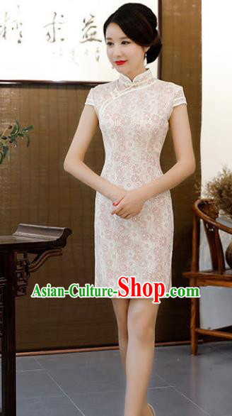 Chinese Traditional Beige Lace Mandarin Qipao Dress National Costume Short Cheongsam for Women