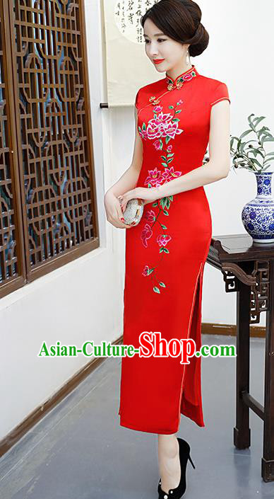 Chinese Traditional Red Mandarin Qipao Dress National Costume Embroidered Silk Cheongsam for Women