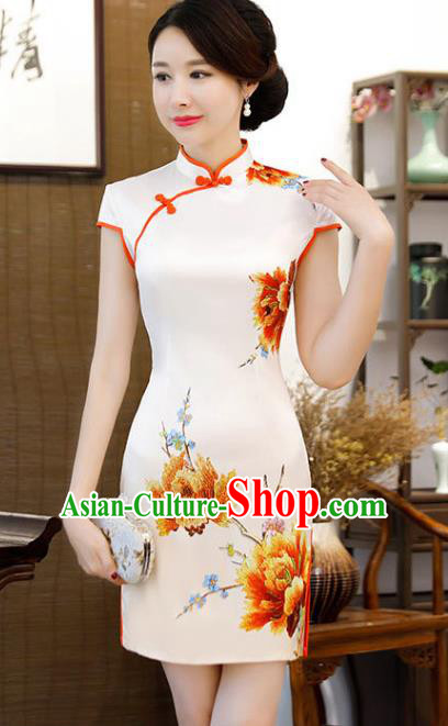 Chinese Traditional Printing Peony Mandarin Qipao Dress National Costume White Silk Short Cheongsam for Women