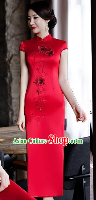 Chinese Traditional Tang Suit Embroidered Qipao Dress National Costume Red Silk Mandarin Cheongsam for Women