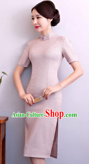 Chinese Traditional Tang Suit Pink Linen Qipao Dress National Costume Mandarin Cheongsam for Women