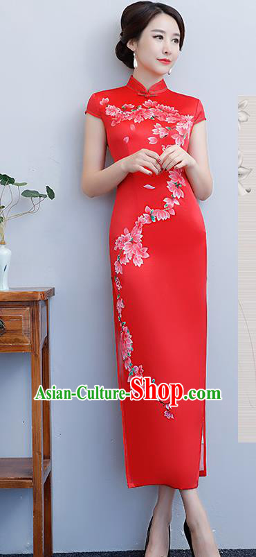 Chinese Traditional Tang Suit Printing Peach Blossom Qipao Dress National Costume Red Silk Mandarin Cheongsam for Women