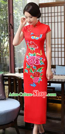 Chinese Traditional Tang Suit Printing Peony Butterfly Qipao Dress National Costume Red Silk Mandarin Cheongsam for Women