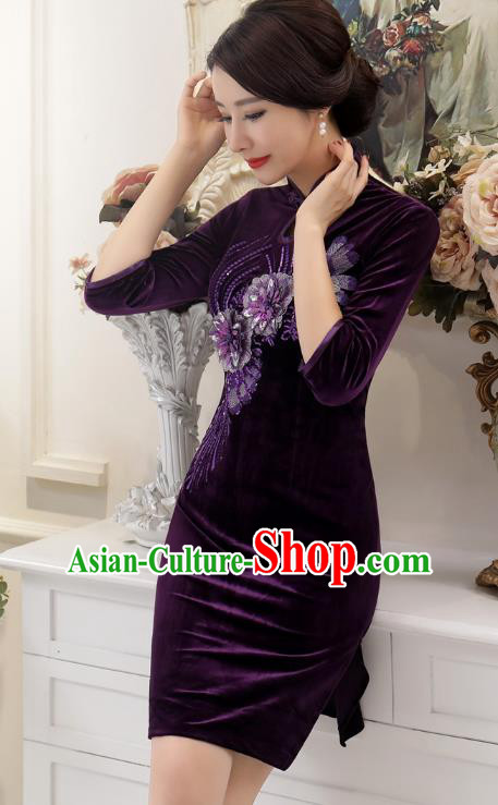 Chinese Traditional Tang Suit Purple Velvet Qipao Dress National Costume Retro Mandarin Cheongsam for Women