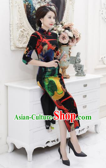 Chinese Traditional Tang Suit Black Qipao Dress National Costume Retro Printing Mandarin Cheongsam for Women