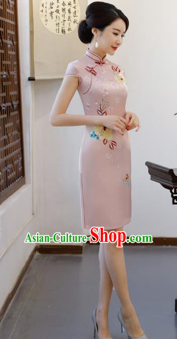 Chinese Traditional Printing Pink Qipao Dress National Costume Tang Suit Mandarin Cheongsam for Women
