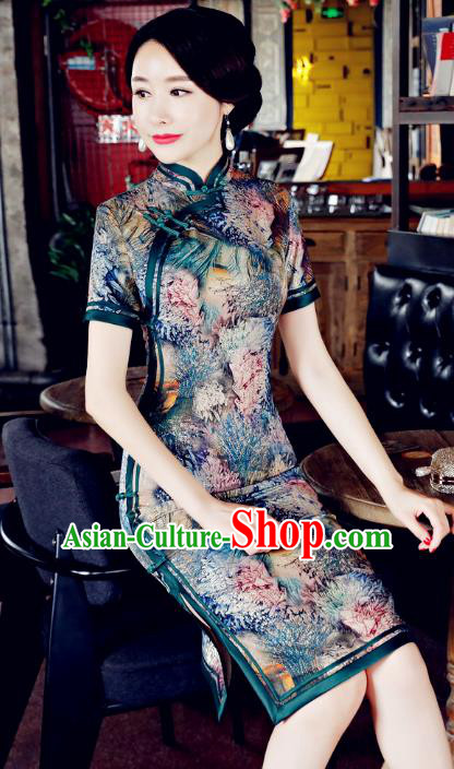 Chinese Traditional Tang Suit Qipao Dress National Costume Printing Green Mandarin Cheongsam for Women