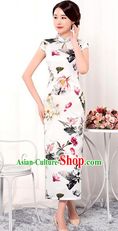 Chinese Traditional Tang Suit Qipao Dress National Costume Printing Lotus White Mandarin Cheongsam for Women