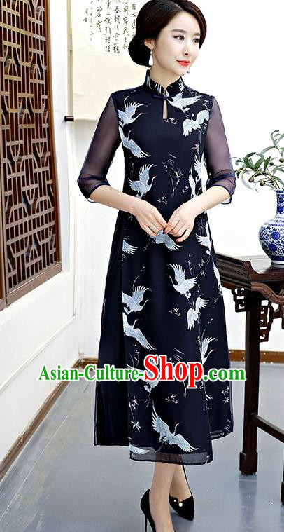 Chinese Traditional Tang Suit Qipao Dress National Costume Printing Cranes Navy Mandarin Cheongsam for Women