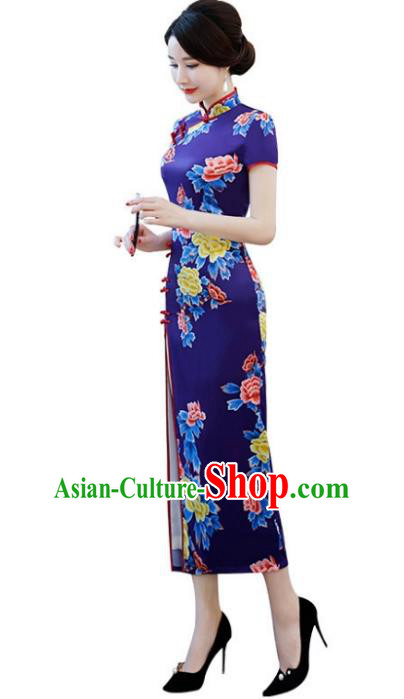 Chinese Traditional Tang Suit Blue Silk Qipao Dress National Costume Printing Peony Mandarin Cheongsam for Women