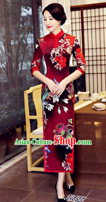 Chinese Traditional Tang Suit Printing Watered Gauze Qipao Dress National Costume Wine Red Mandarin Cheongsam for Women