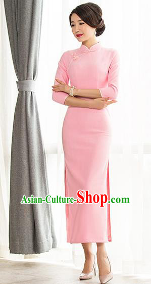 Chinese Traditional Tang Suit Pink Wool Qipao Dress National Costume Mandarin Cheongsam for Women
