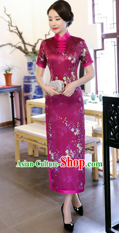 Chinese Traditional Tang Suit Printing Qipao Dress National Costume Purple Mandarin Cheongsam for Women