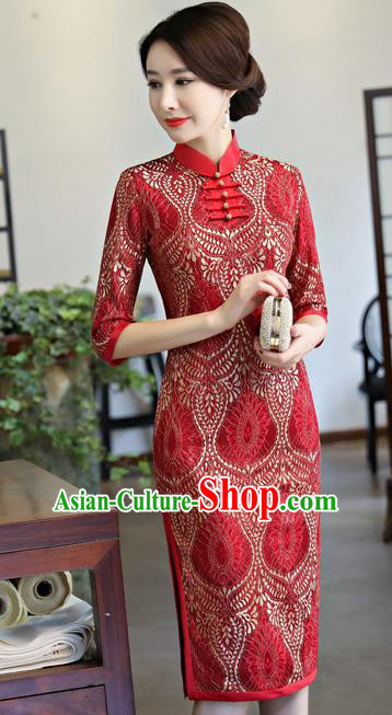 Chinese Traditional Tang Suit Qipao Dress National Costume Red Mandarin Cheongsam for Women