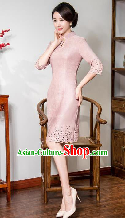 Chinese Traditional Tang Suit Pink Suede Fabric Qipao Dress National Costume Top Grade Mandarin Cheongsam for Women