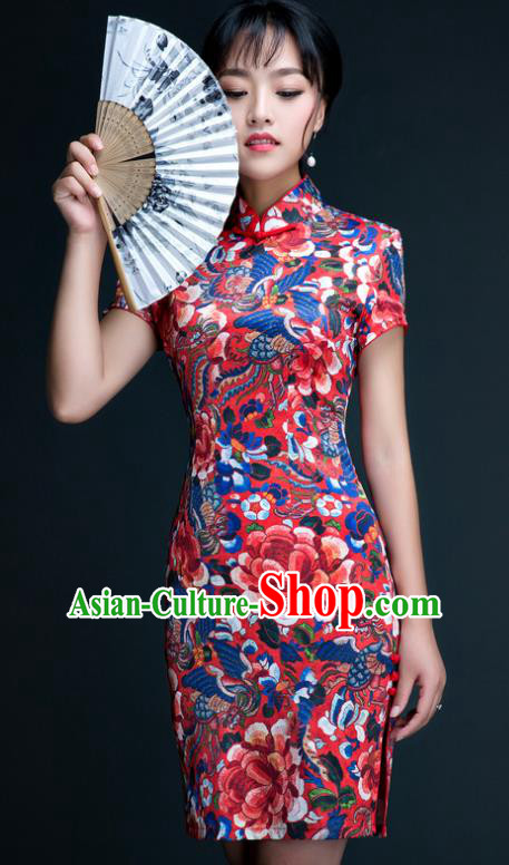 Chinese Traditional Tang Suit Qipao Dress National Costume Printing Short Mandarin Cheongsam for Women