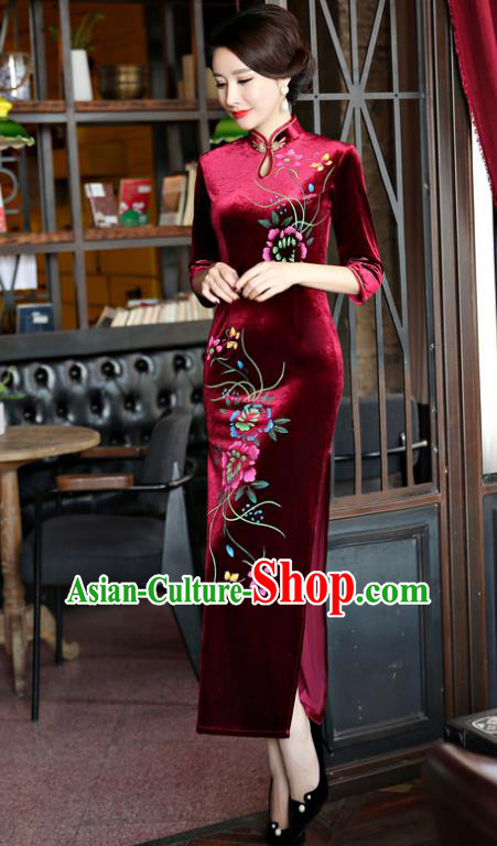 Top Grade Chinese Traditional Purplish Red Velvet Qipao Dress National Costume Tang Suit Mandarin Cheongsam for Women