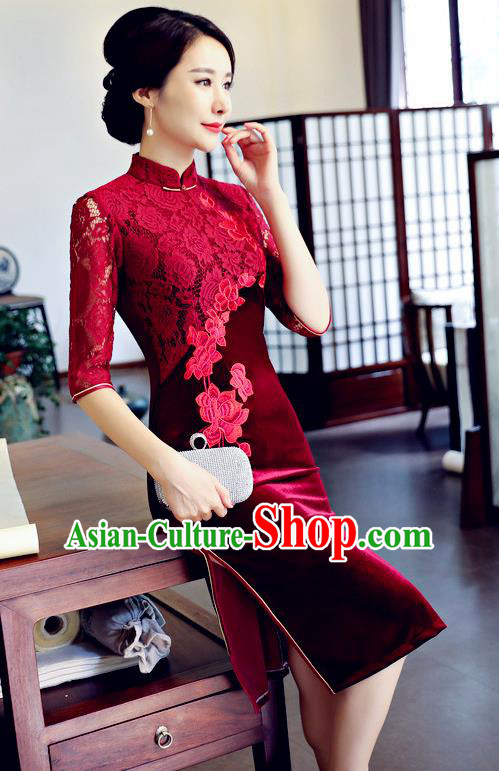 Top Grade Chinese Traditional Wine Red Lace Qipao Dress National Costume Tang Suit Mandarin Cheongsam for Women