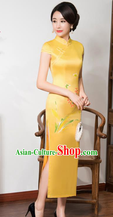 Top Grade Chinese Traditional Printing Orchid Qipao Dress National Costume Yellow Silk Mandarin Cheongsam for Women