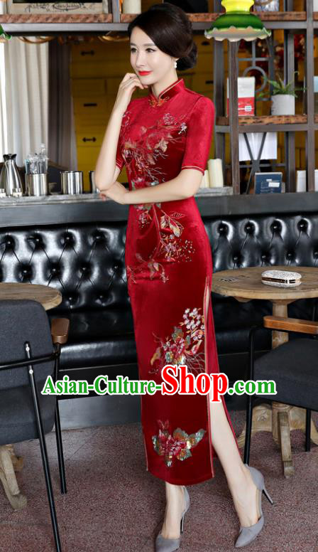 Top Grade Chinese Traditional Qipao Dress National Costume Red Velvet Mandarin Cheongsam for Women