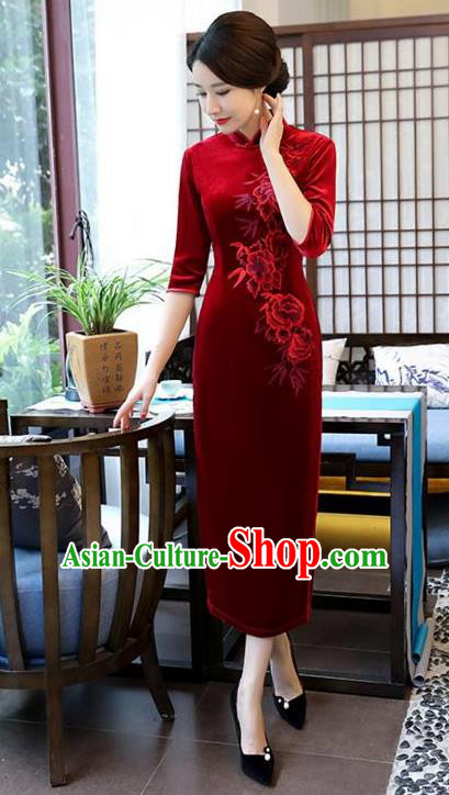 Top Grade Chinese Embroidered Qipao Dress National Costume Traditional Red Velvet Mandarin Cheongsam for Women