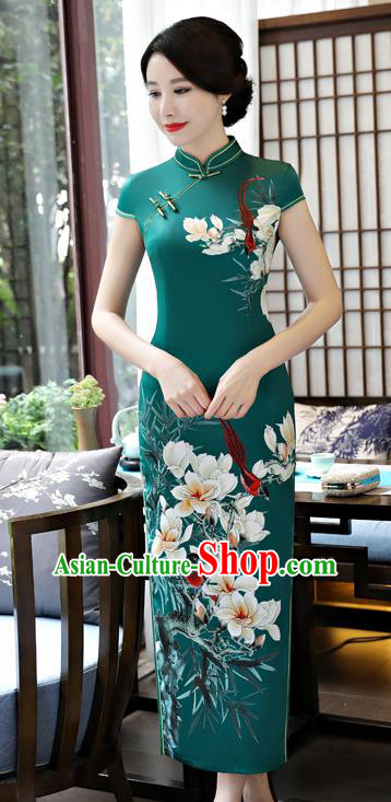 Top Grade Chinese Printing Pear Blossom Qipao Dress National Costume Traditional Green Silk Mandarin Cheongsam for Women
