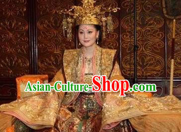 Traditional Chinese Ancient Tang Dynasty Queen Wu Zetian Embroidered Replica Costume and Headpiece Complete Set for Women