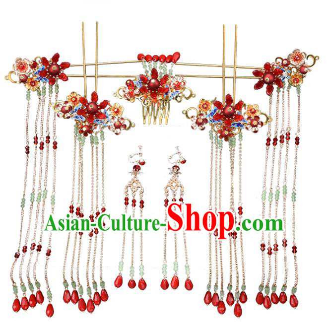 Traditional Chinese Ancient Bride Hair Accessories Xiuhe Suit Tassel Step Shake Hairpins Complete Set for Women